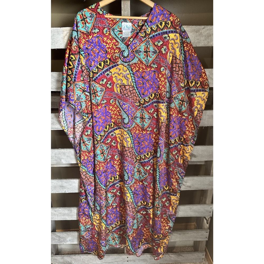 La Nuit Satin Multicolored One Size Kaftan Gown Geometric Pattern
